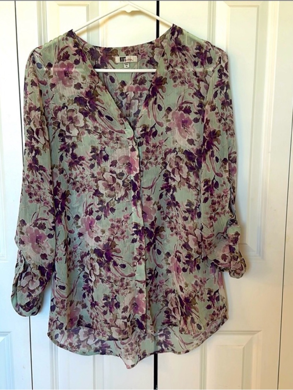 Kut from the Kloth Sage Green Blouse with Purple Floral Print